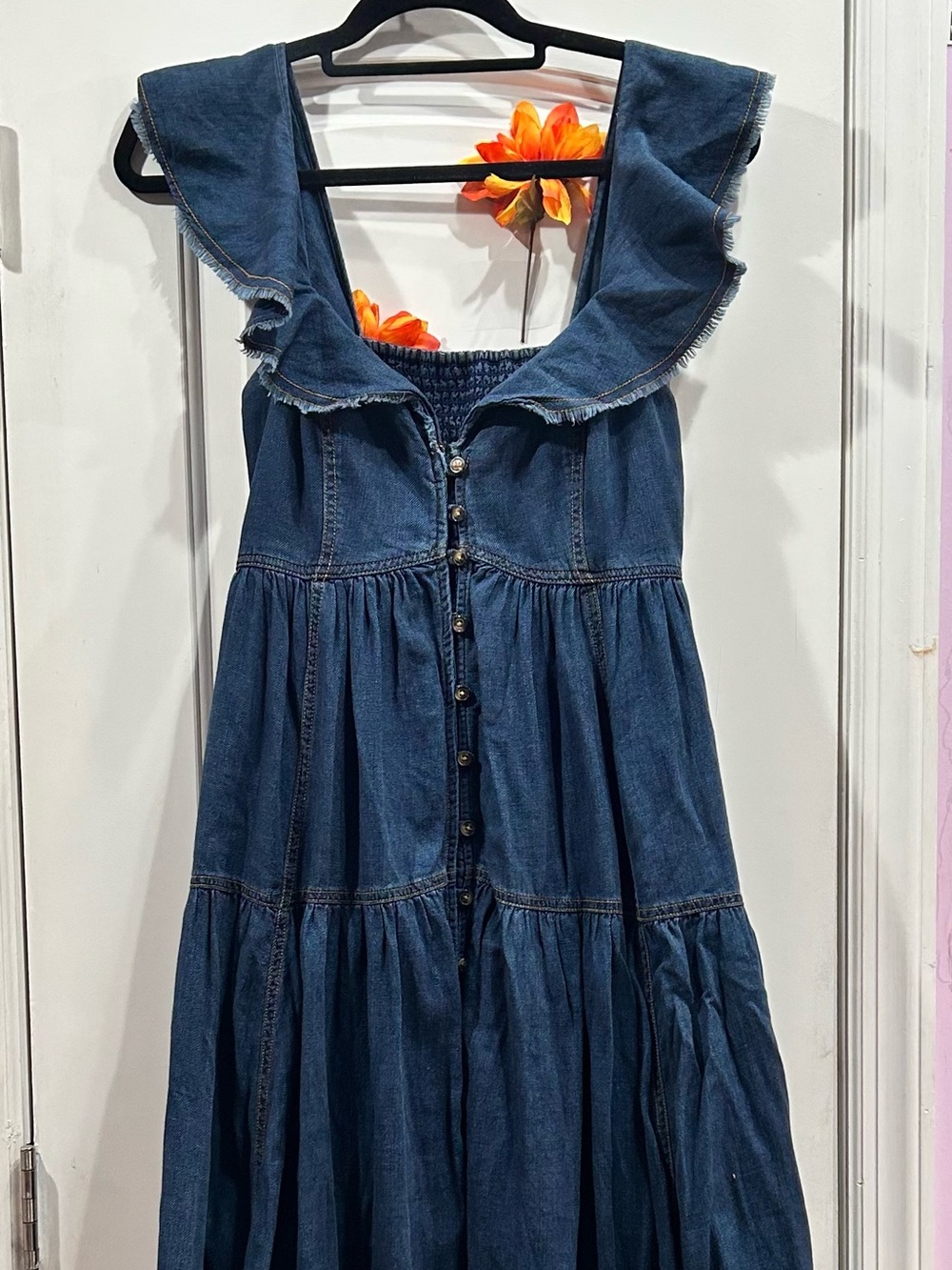 Pilcro Sweetheart Flutter Sleeve Maxi Denim Dress